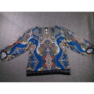 Alfani Blouse Womens XL Blue Paisley Long Sleeve Pullover Stretch Elastic Cuff